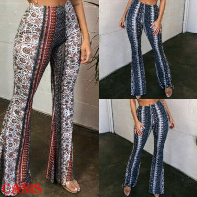 

AU Women Boho Print Long Pants Flared Wide Legs Summer Bell Bottom Trousers -XL