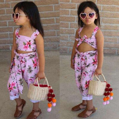 

Fashion Kids Baby Girl Floral Crop Top VestBowknot Pants 2pcs Outfits Clothes