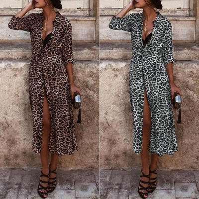 

Women Long Sleeve Shirt Maxi Dress Casual Leopard Print V-Neck Slit Belt Dresses