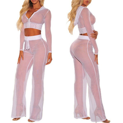 

Women Sheer Mesh Bikini Crop TopPants Cover Up Long Sleeve Swimwear Beach