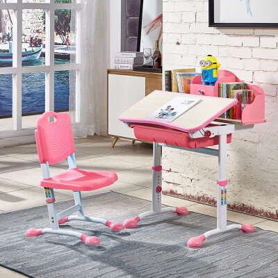 

Height Adjustable Children Kids Study Desk Table & Student Chair &Bookrack Pink