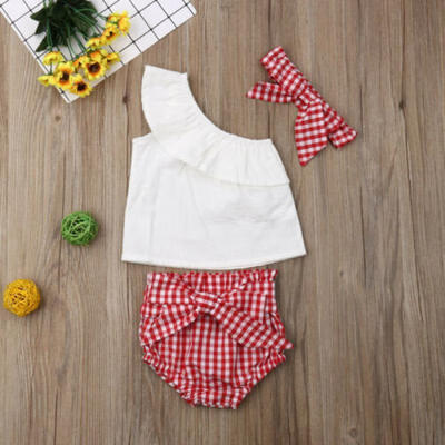 

US Newbron Baby 3PCS Trousers Outfit Girls Off Shoulder Top Plaids Pant Headband