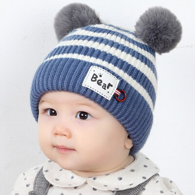 

Autumn winter baby wool cap for children plus fleece girls 5 to 30 months male&female cap striped double wool warm hat