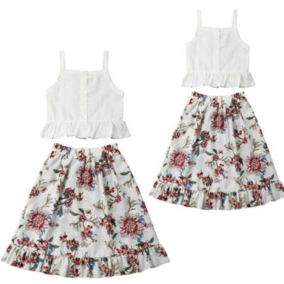 

Toddler Baby Girls Ruffles Strap Sleeveless Crop Tops Floral Print Long Skirt