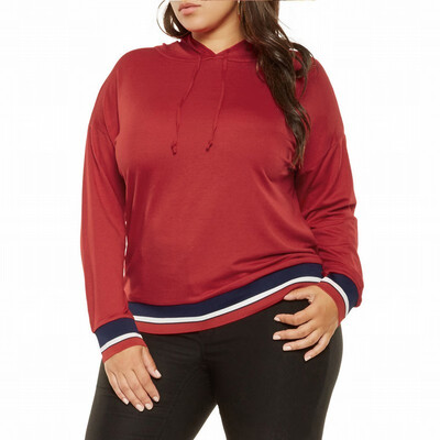 

Large size womens tri-color striped long-sleeved loose hooded sweatshirt