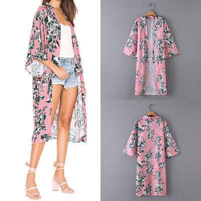 

Women Kimono Cardigan Floral Print 34 Sleeves Boho Loose Long Bikini Cover Ups Beachwear