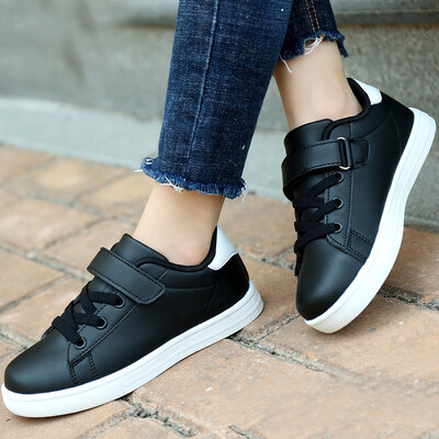 

Spring&Autumn Winter Boys Shoes Primary School Korean Leather Face Girls Sports Shoes Black White Shoes Childrens Travel Shoes