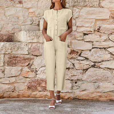 

Starmoon Women V-Neckline Solid Romper Short Sleeve Casual Pockets Button Jumpsuits