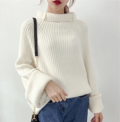 

High necked women winter Korea version of small fresh horn sleeves languid loose thick sweet sweater bottom knitted sweater