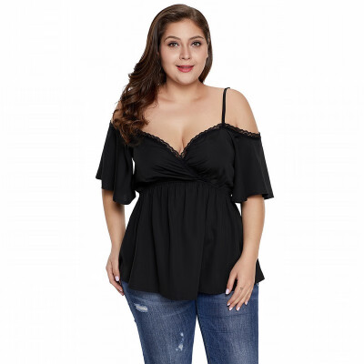 

Plus Size black shirt womens V-neck short-sleeved T-shirt