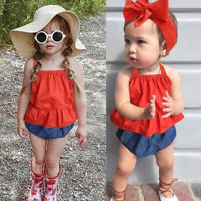 

Toddler Baby Kids Girl Skirts TopsDenim Shorts Sunsuit 2pcs Outfits Set Clothes
