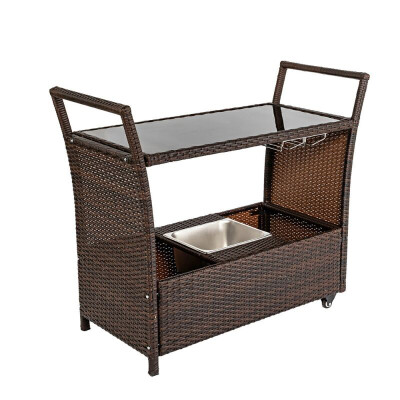 

Patio Outdoor Wicker Serving Bar Cart with Stainless Ice Bucket