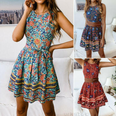 

UK Womens Sleeveless Boho Floral Short Mini Dress Ladies Summer Sundress Holiday