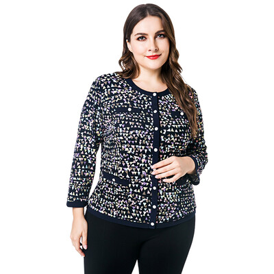 

Round Collar Long Sleeve Geometric Print Button Pocket Plus Size Women T-shirt