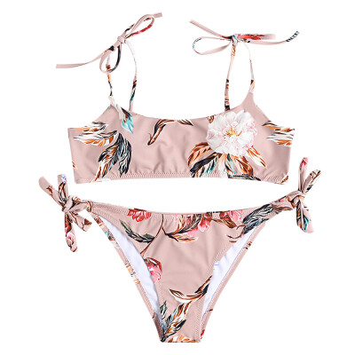 

CharMma Floral Pattern Strap Side Tied Padded Low Waist Bikini Set for Women