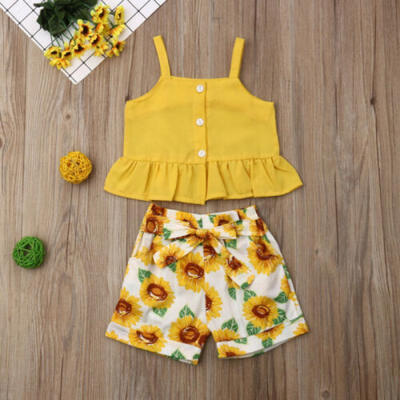 

US Summer Kid Baby Girl Clothes Sunflower Ruffle Vest TopsShorts Outfit Sunsuit