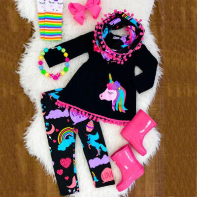 

US Toddler Kid Baby Girl Unicorn Outfit Clothes T-shirt Top DressLong Pants Set