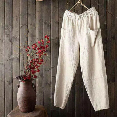 

Mens Linen Cotton Loose Pants Beach Drawstring Yoga Casual Long Slacks Trousers