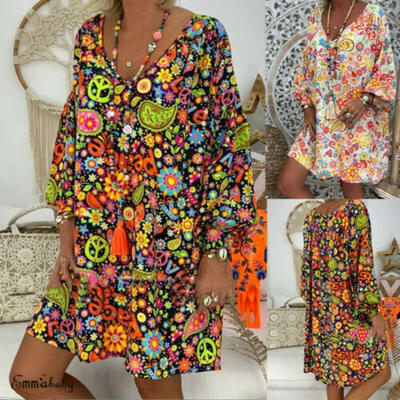 

Women Long Sleeve V Neck Floral Mini Dress Kaftan Party Cocktail Baggy Sundress