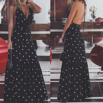 

Womens Ladies Casual Bandage Sleeveless Boho Polka Dot Bodycon Maxi Summer Dress