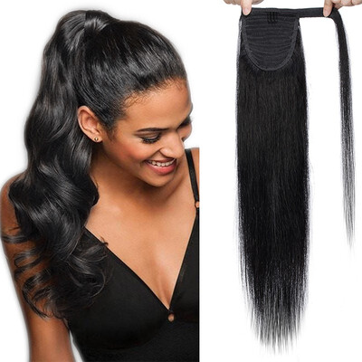 

Clip in human hair ponytail wrap hair extension 20" straight