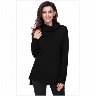 

High-neck long-sleeved sweater short front long casual knit loose sweater