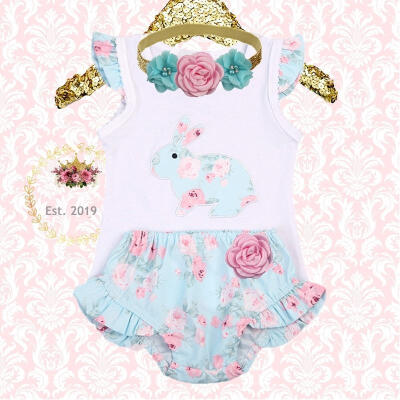 

2PCS Easter Toddler Kids Girls Clothes Fly Sleeve Bunny Tops RomperShorts Outfits Set 0-24M