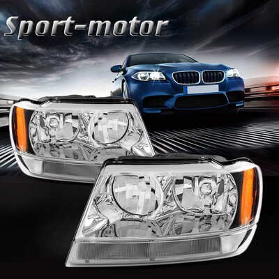 

For 99 00 01 02 03 04 Jeep Grand Cherokee Headlight AssemblyOE Projector HeadlampAmber Reflector Chrome Housing