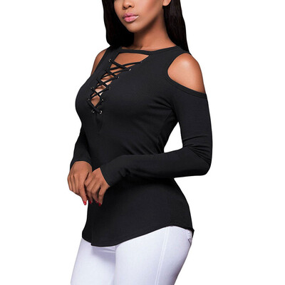 

Womens Cold Shoulder Casual Long Sleeve Lace-Up Stretchy Shirt Blouse Tops