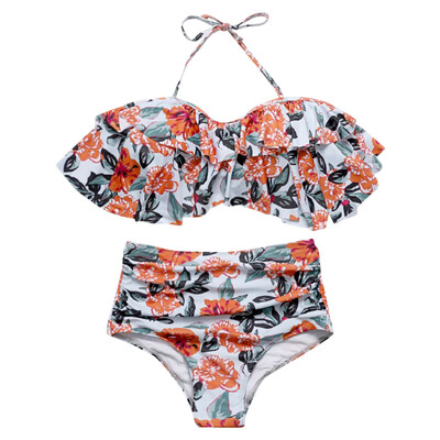 

Halter Neck Backless Padded Flounce Floral Print High Waist Women Bikini Set
