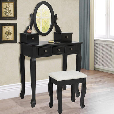 

Vanity Makeup Dressing Table Set WStool 5 Drawers & Mirror Jewelry Desk Black