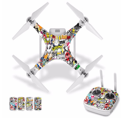 

J30015 Cartoon graffit Waterproof PVC Decal Skin Sticker For DJI Phantom 3 Drone body protection filmremote Controller cover