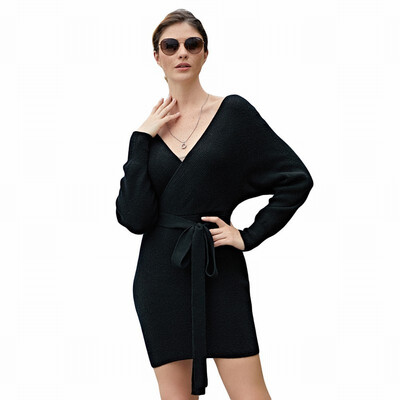 

V-neck long-sleeved belted knit sweater dress long