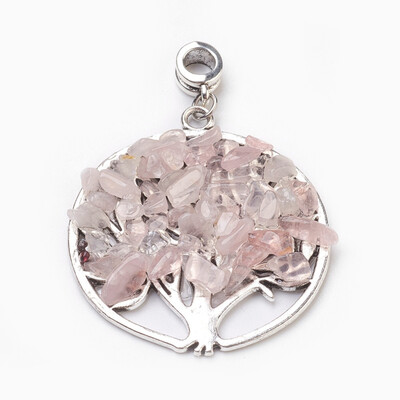 

Natural Rose Quartz European Dangle Beads Large Hole Pendants with Antique Silver Plated Alloy Findings Flat Round with Tree