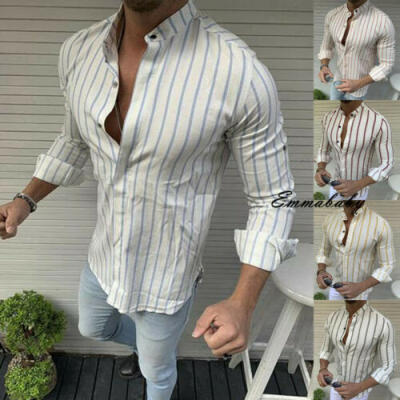 

Men Holiday Long Sleeve T-shirt Tops Beach Striped Shirt Tee Slim Fit Blouse