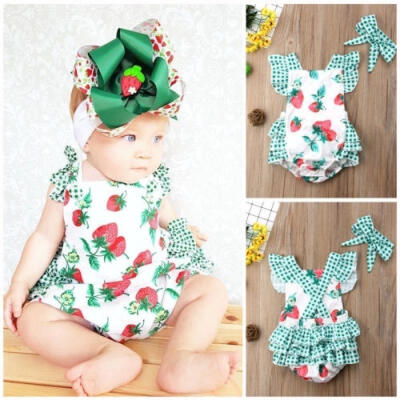 

Newborn Baby Girl Cute Strawberry Print Halter Headdress Two-piece