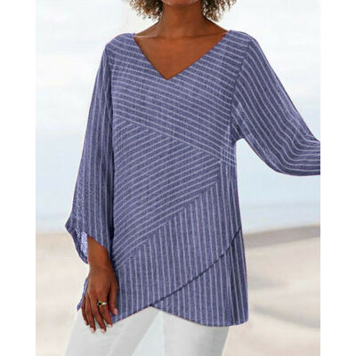 

Womens Striped V Neck Blouses Loose Baggy Tops Tunic T Shirts Plus Size