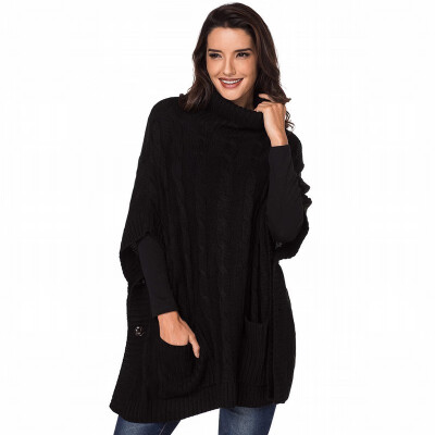 

High collar long sleeve pocket button cloak sweater loose knit sweater