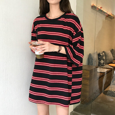 

Korean Style Fashion Women Striped O-Neck Loose Half Sleeve Tops