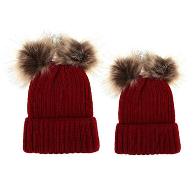 

2pcs Parent-offspring Cap Baby Mom Pompon Winter Warm Knit HatWine Red
