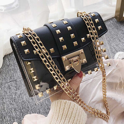 

Tailored Womens Fashion Rivet Diagonal Package Transparent Shoulder Bag Chain Bag