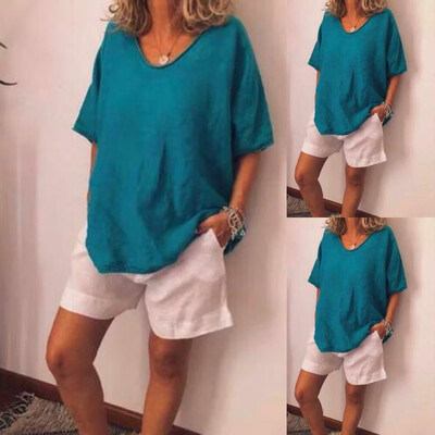 

Womens Summer Linen Blouse Casual Loose V Neck T Shirt Half Sleeve Baggy Tops
