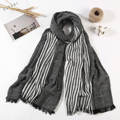 

Striped cotton&linen scarf art Japanese&Korean striped pleated scarf mens scarf