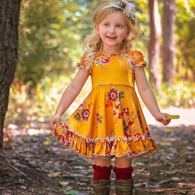 

Toddler Baby Kids Girls Ruched Ruffles Floral Flowers Princess Dresses Clothes