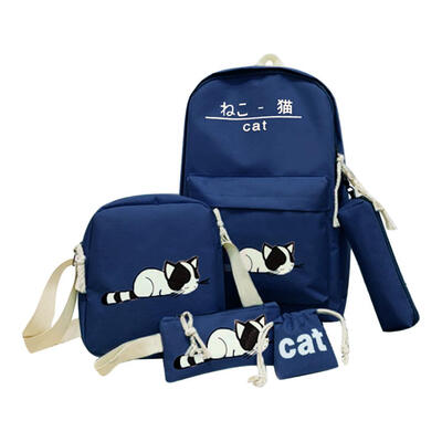 

5pcsset Cute Cat Canvas Bags Student Travel Backpack Shoulder Clutch Bag
