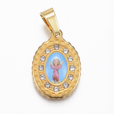 

304 Stainless Steel Pendants with Rhinestone Oval with Divino Nino Golden 20x14x2mm Hole 4x6mm