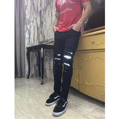 

Men Reflective Jeans Super Skinny Slim Fit Denim Pants Destroyed Frayed Trousers