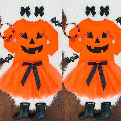 

Toddler Baby Girls Pumpkin Long Sleeve RomperBow Skirt Halloween Outfit Set