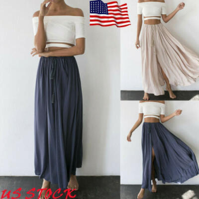 

Womens Boho Skirt Elastic Waist Chiffon Long Maxi Skirt Swing Beach Dress NEW US