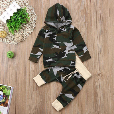 

Toddler Infant Baby Boys Girls Camouflage Splice TopPants Hooded Outfits Set